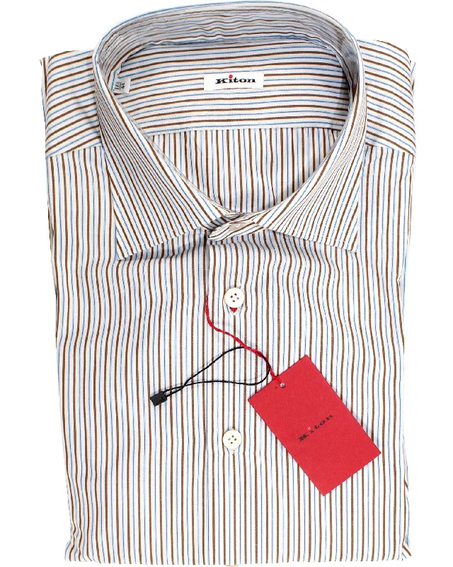 Kiton Dress Shirt White Brown Blue Stripes 44 - 17 1/2 SALE