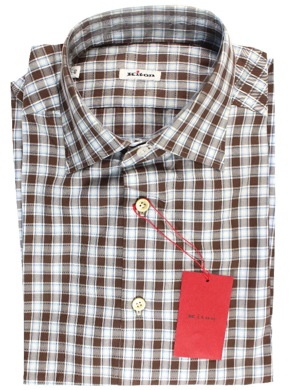 Kiton Shirt White Brown Blue Plaid 40 - 15 3/4 REDUCED SALE