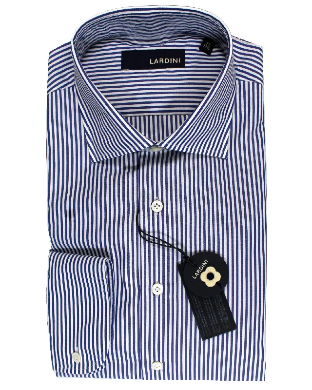 Lardini Dress Shirt White Navy Stripes French Cuffs 45 - 18