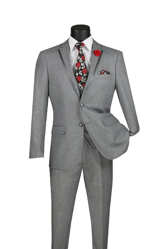 Light Gray Trimmed Lapel Slim Fit 3 Piece Suit