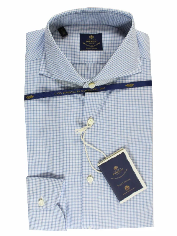 Luigi Borrelli Dress Shirt ROYAL COLLECTION White Royal Blue Grid 39 - 15 1/2 SALE