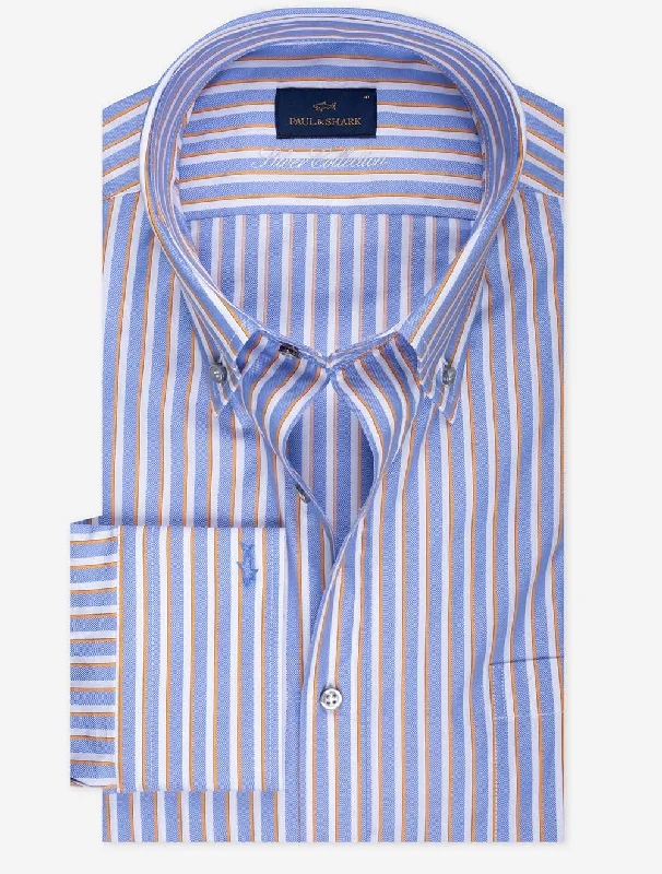 Twin Stripe Silver Cotton Twill Shirt Blue