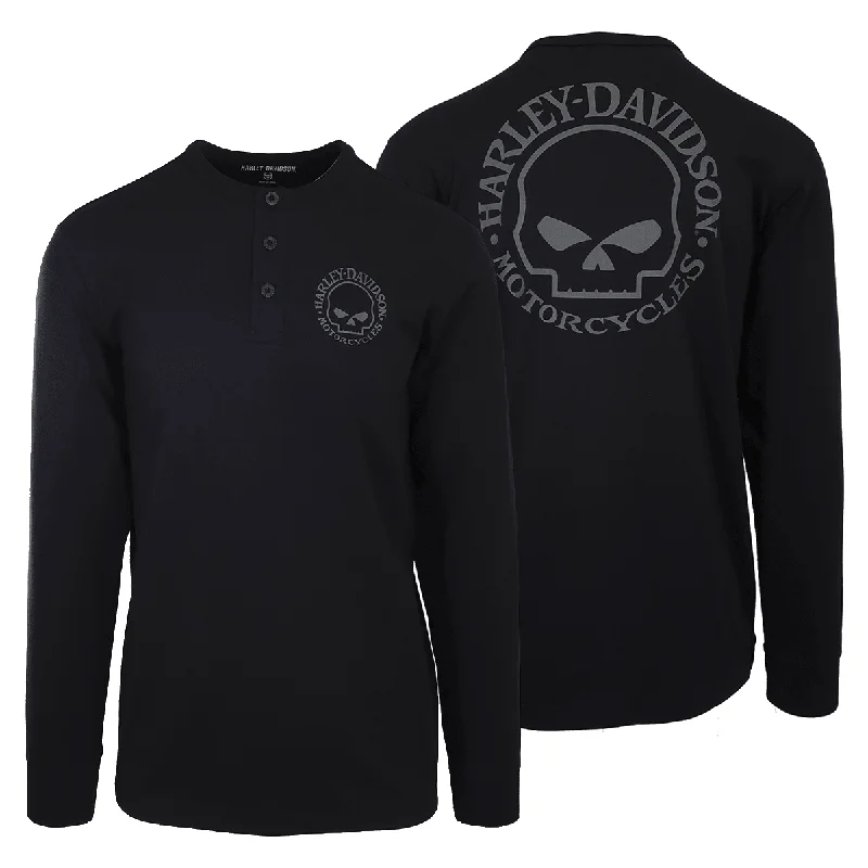 Branded  Men's Henley T-Shirt Black Willie G Skull 3 Button Long Sleeve