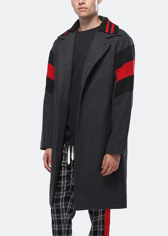 Konus Men's Wool Blend Long Coat with Contrast Stripes in Charcoal