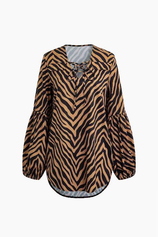 Zebra Print Tie-Up Long-Sleeve Shirt