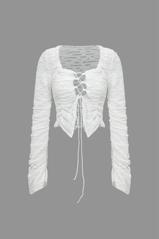 Solid Cut Out Tie Up Long-Sleeve Top