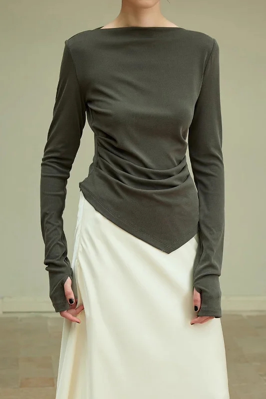 Asymmetrical Hem Ruched Long Sleeve Top