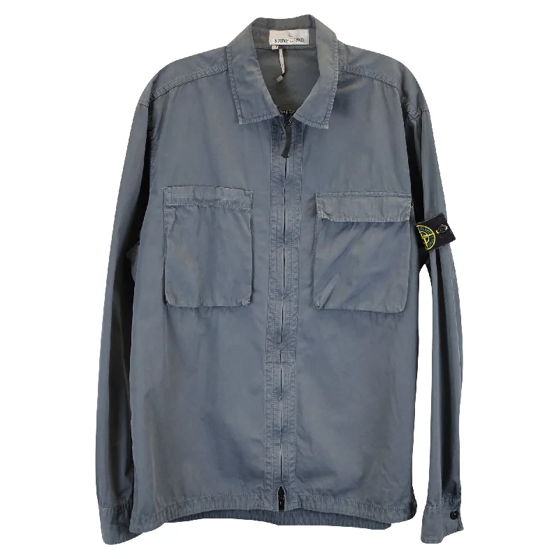 Stone Island 11710 'Old' Treatment Zip Up Overshirt in Blue Cotton