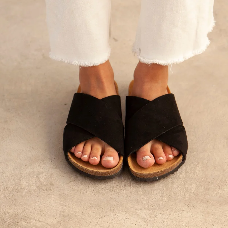 Women's Rhinestone - Embellished Open - Toe Sandals in Silver for a Glamorous Party LookAlacant Vegan Suede Leather Slide Cork Sandal - Black