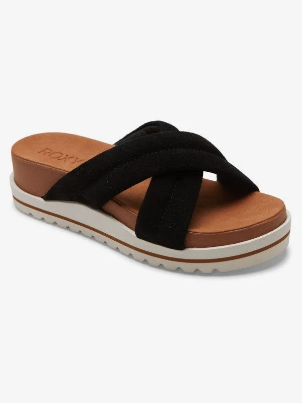 Sustainable Women's Recycled Material Sandals in Beige for Eco - Conscious ShoppersRoxy Sandals Suede Cross-Over Strap Slide