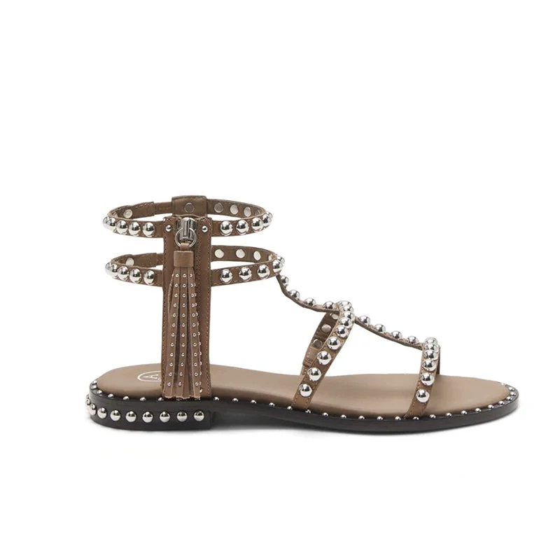Women's Strappy Gladiator Sandals with Buckle Closures in Tan for a Boho LookASH Power Chocolate Brown Leather & Silver Studs Sandals