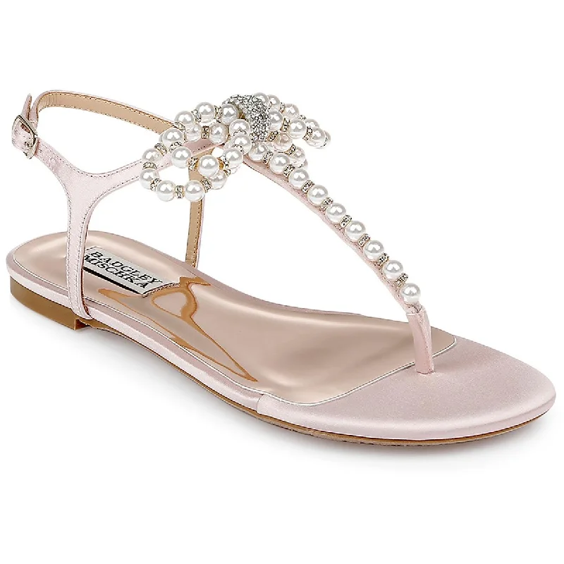 Sustainable Women's Recycled Material Sandals in Beige for Eco - Conscious ShoppersBadgley Mischka Womens Fayth Satin Ankle Strap T-Strap Sandals