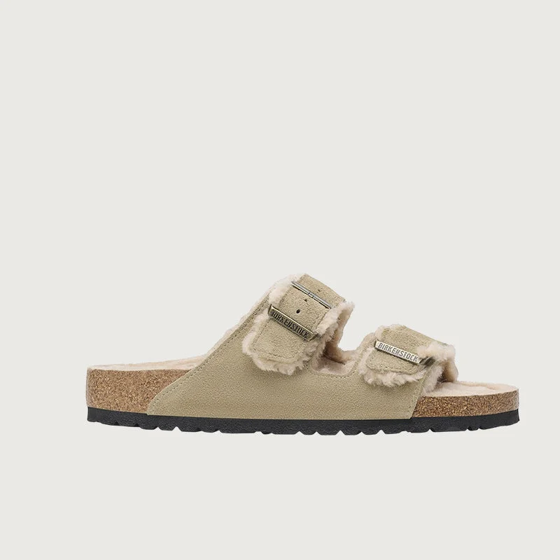 Women's Flat Slide Sandals with a Memory Foam Insole in White for All - Day ComfortBirkenstock Arizona Shearling Taupe Soft Footbed Suede Narrow Fitting Sandals