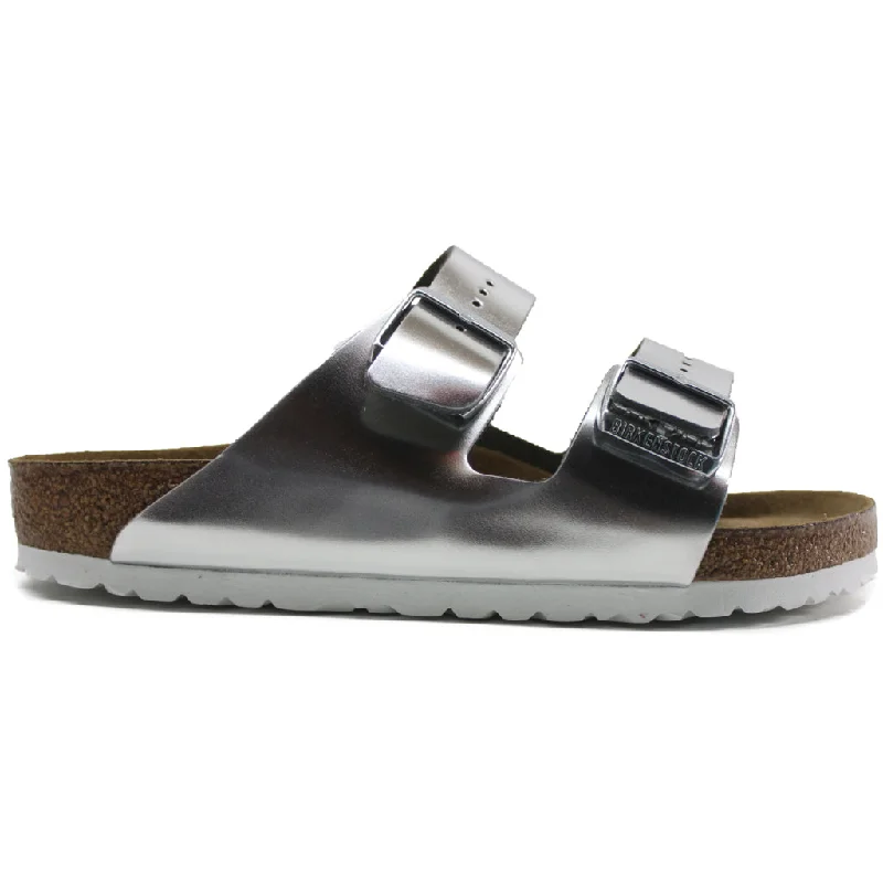 Women's Sandals with a Glitter - Coated Strap in Gold for a Sparkly Summer OutfitArizona Soft Footbed Natural Leather Women's Slide Sandals