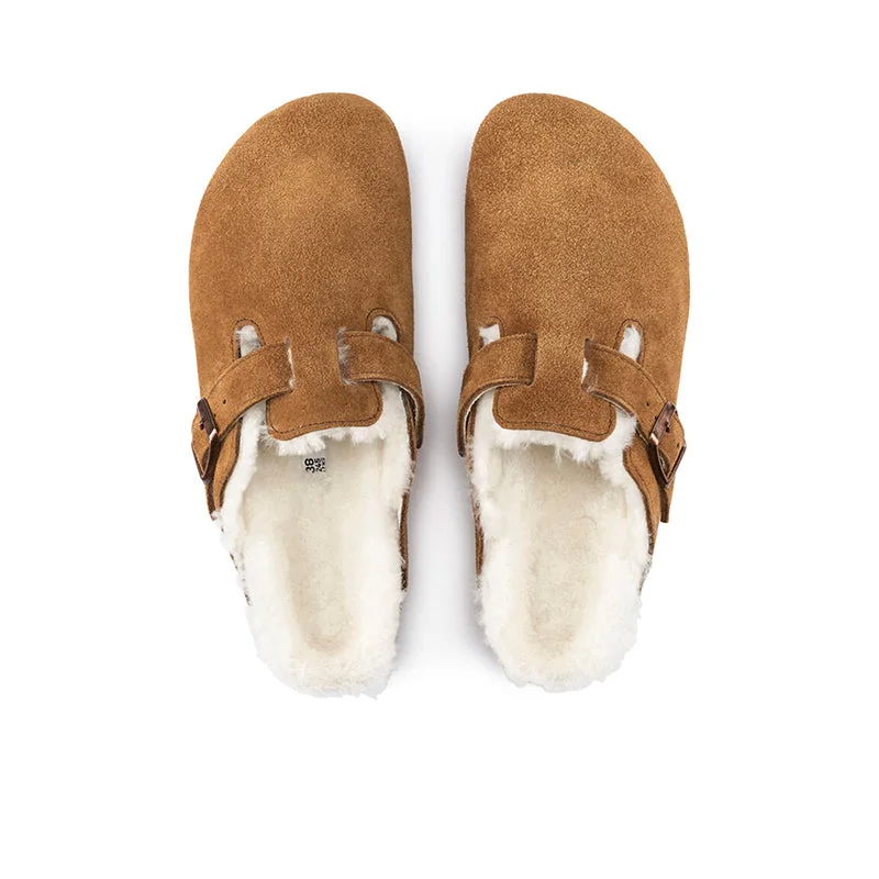 Sustainable Women's Recycled Material Sandals in Beige for Eco - Conscious ShoppersBirkenstock Boston Shearling Mink Suede Narrow Fitting Clogs