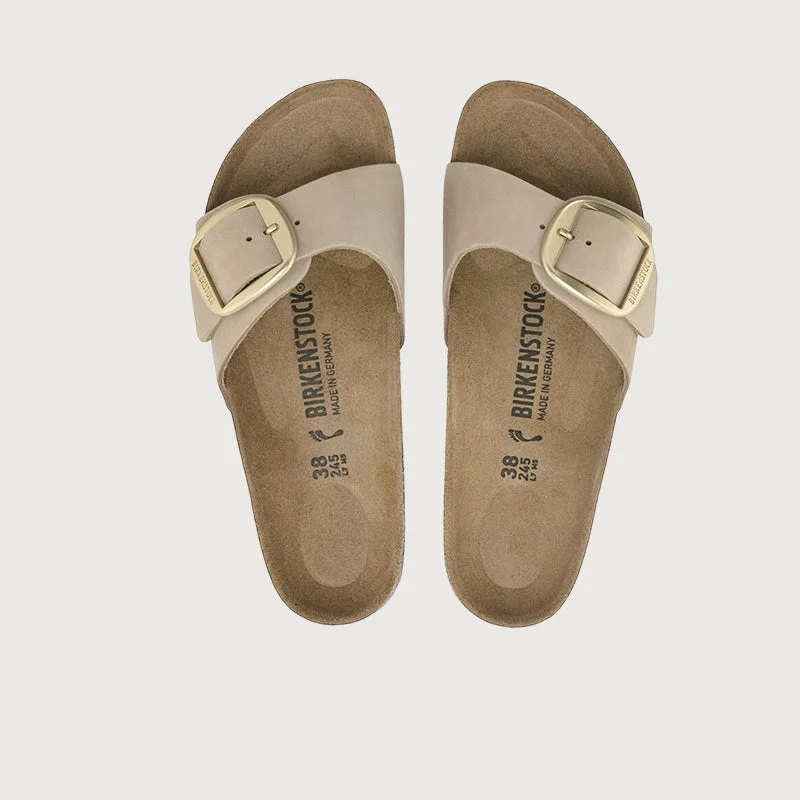 Women's Strappy Gladiator Sandals with Buckle Closures in Tan for a Boho LookBirkenstock Madrid Big Buckle Nubuck Sandcastle Sandals