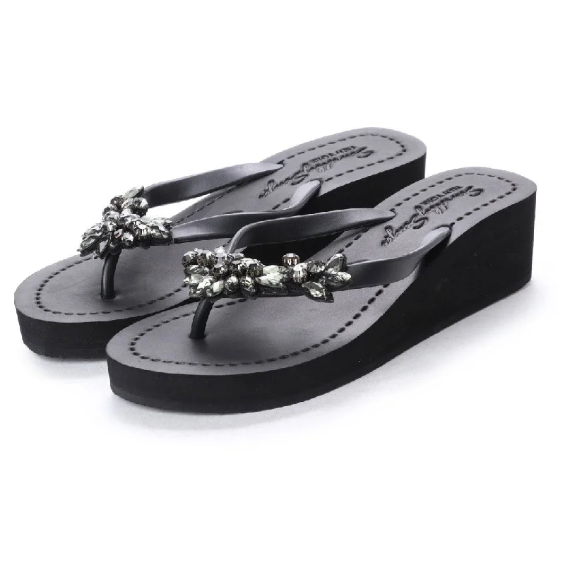Shock - Absorbing Women's Sandals with a Soft Insole in Black for Active LifestylesManhattan Black - Crystal Stones Embellished Mid Wedge Flip Flops