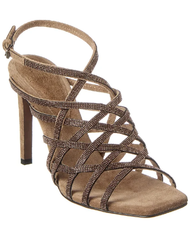 Women's Strappy Gladiator Sandals with Buckle Closures in Tan for a Boho LookBrunello Cucinelli Precious Net Suede Sandal