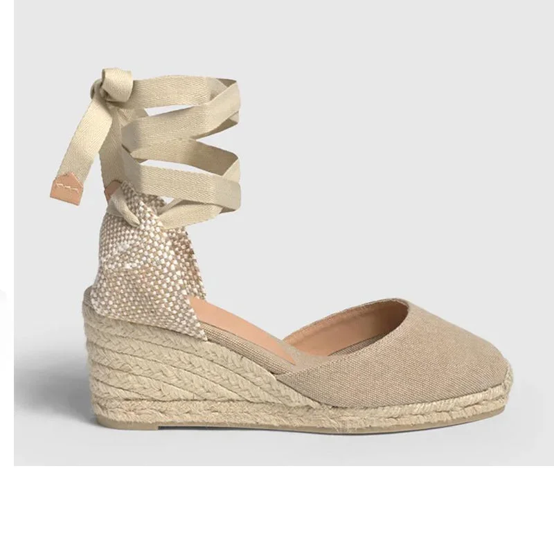 Women's Flat Slide Sandals with a Memory Foam Insole in White for All - Day ComfortCastaner Carina 6 Sand Beige Canvas Wedge Espadrilles