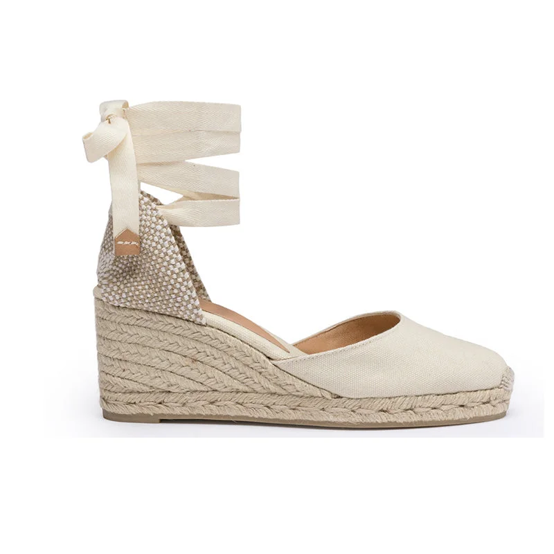 Sustainable Women's Recycled Material Sandals in Beige for Eco - Conscious ShoppersCastaner Carina 6 Ivory Beige Canvas Wedge Espadrilles