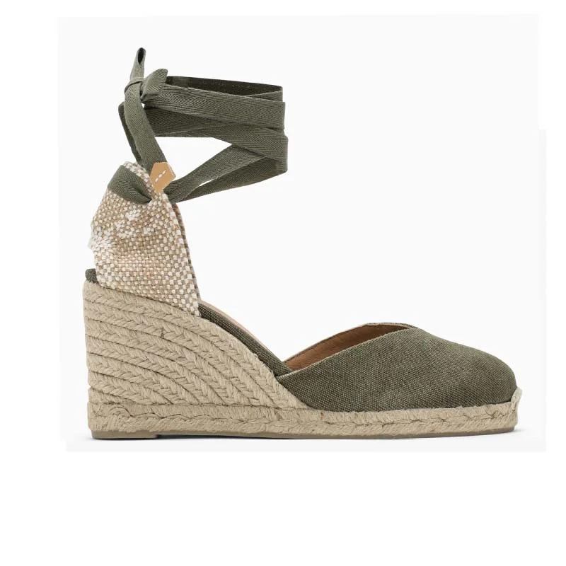 Anti - Slip Women's Sandals with a Grooved Sole in Green for Outdoor AdventuresCastaner Chiara 8 Olive Platform Canvas Wedge Espadrilles