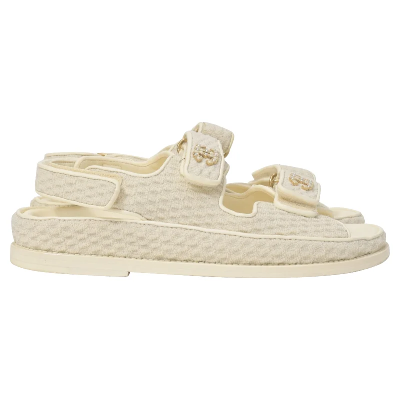 Women's Ankle - Strap Sandals with a Block Heel in Red for a Sophisticated StyleChanel Velcro Dad Sandals in Cream Knit Fabric