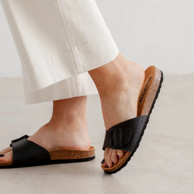 Child - Friendly Women's Sandals with a Secure Buckle in Purple for Moms on the GoCordoba Vegan Leather Slide Cork Sandal - Black