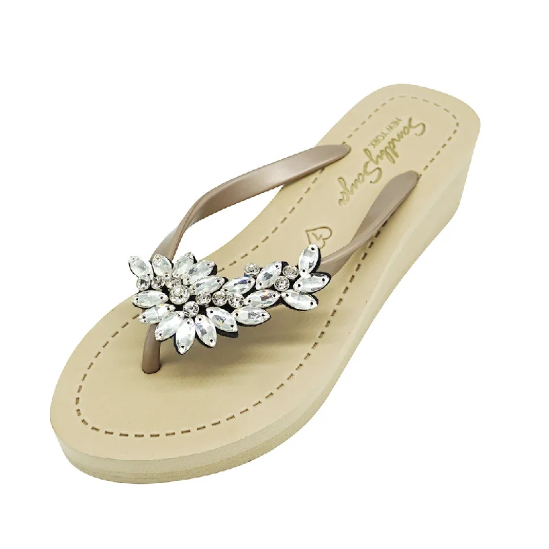 Women's Thong Sandals with a Beaded Design in Multicolor for a Beachy AestheticManhattan Crystal - Rhinestone Embellished Mid Wedge Flip Flops