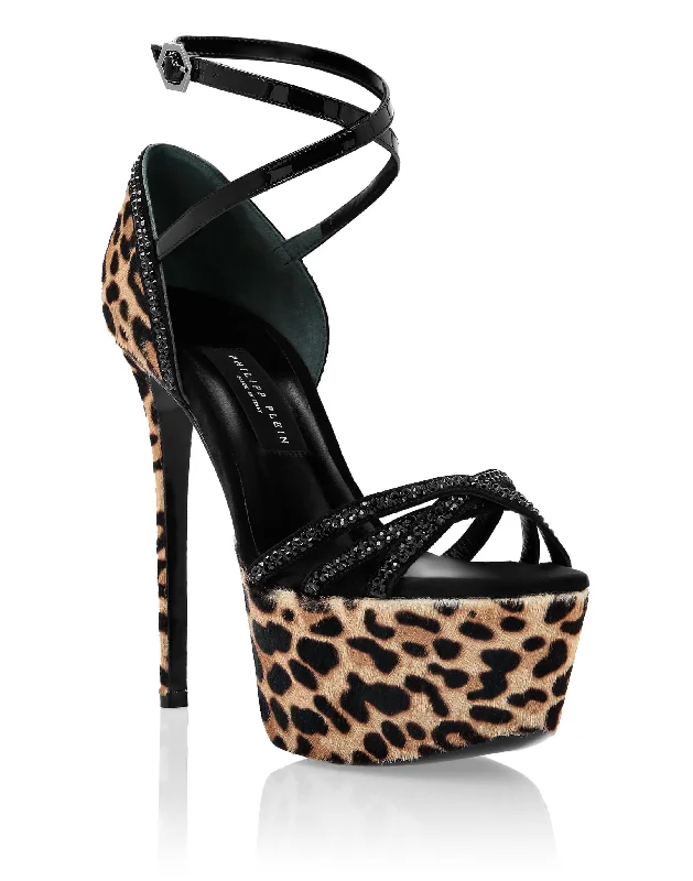 Plus Size Women's Wide - Width Platform Sandals in Black for Added Comfort and HeightCrystal  Platform Leopard Sandals