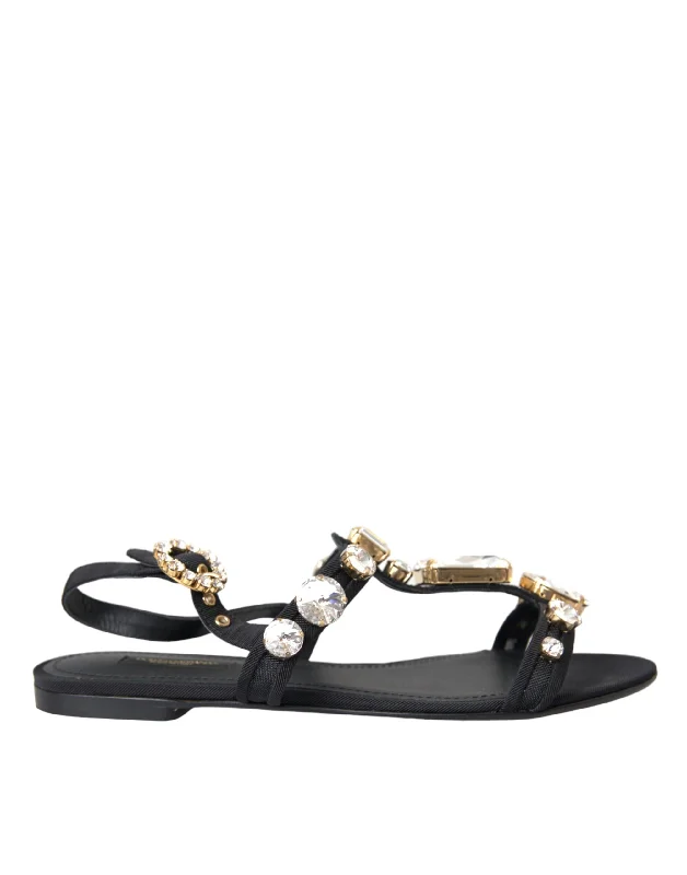 Plus Size Women's Wide - Width Platform Sandals in Black for Added Comfort and HeightDolce & Gabbana  Leather Crystal Flats Sandals Women's Shoes