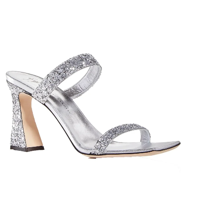 Women's Rhinestone - Embellished Open - Toe Sandals in Silver for a Glamorous Party LookGiuseppe Zanotti Womens ARGENTO Square toe Two Straps Block Heel
