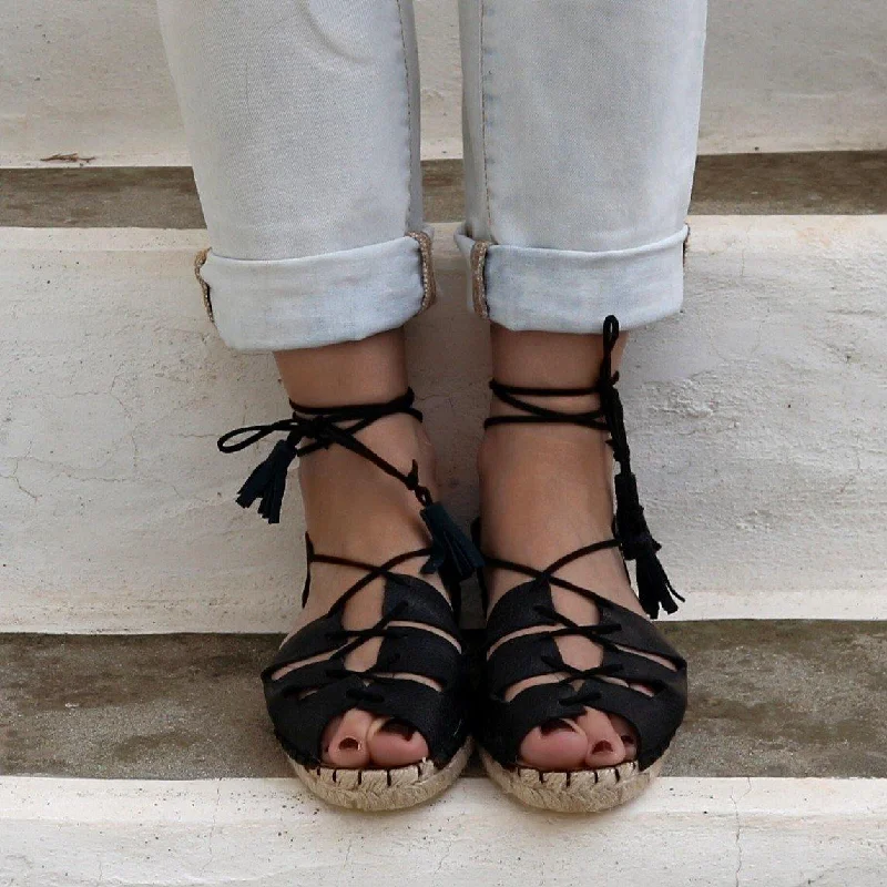 Elastic - Strap Women's Sandals with a Padded Toe in Teal for Easy On - and - OffGladiator Espadrilles-- Black Leather - Classic Sole