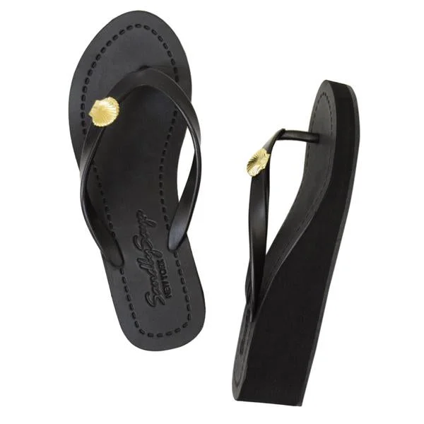Women's Sandals with a Glitter - Coated Strap in Gold for a Sparkly Summer OutfitGold Shell - Mid Wedge Flip Flops Sandals Studs Charm