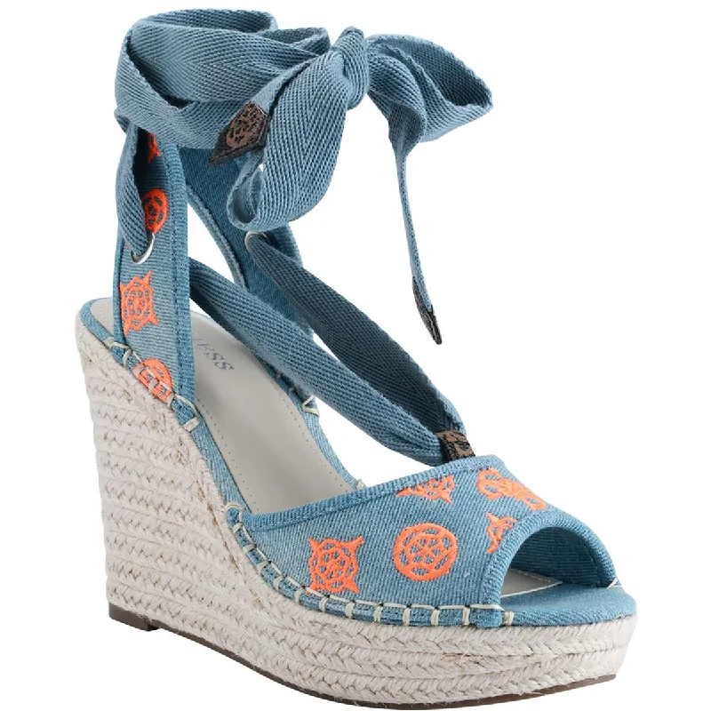 Waterproof Women's Rubber Beach Sandals with Arch Support in Blue for Water ActivitiesGuess Womens Halona Denim Peep Toe Wedge Sandals