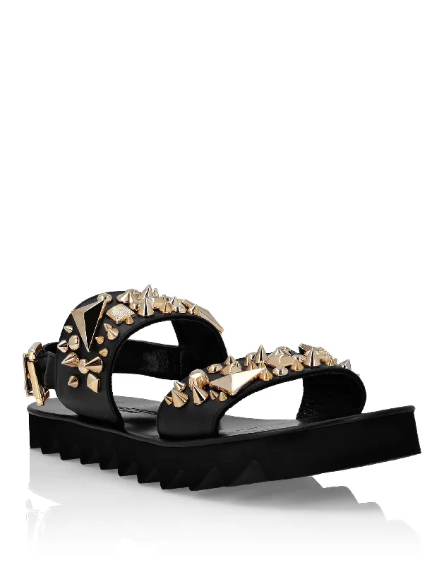 Women's Sandals with a Glitter - Coated Strap in Gold for a Sparkly Summer OutfitLeather Sandals  Studs