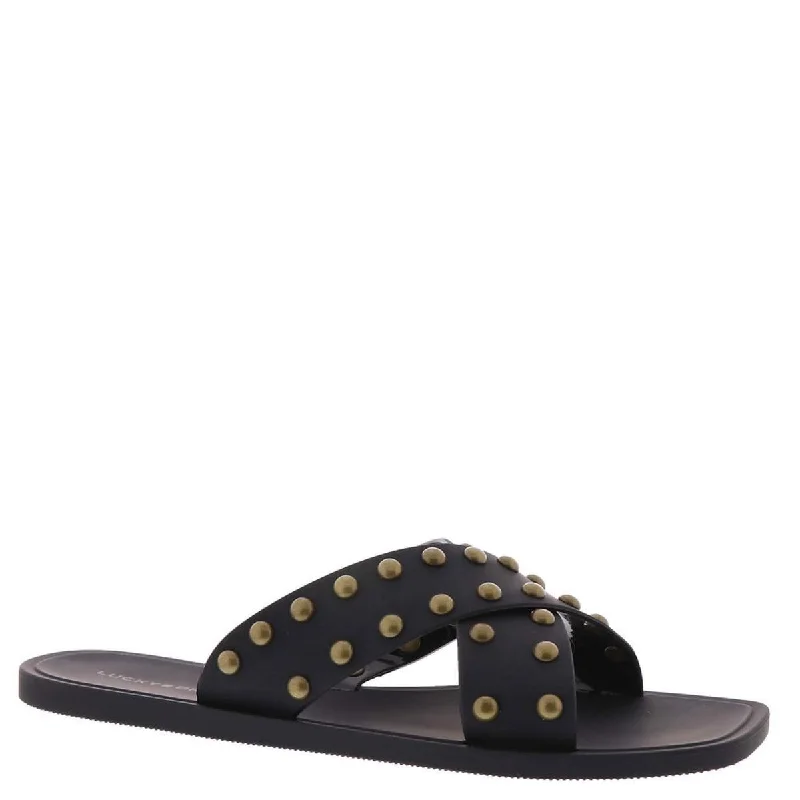 Women's Leather - Strapped Sandals with a Braided Detail in Brown for a Rustic AppealLucky Brand Womens Julina Studded Criss Cross Slide Sandals