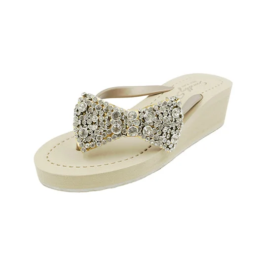 Lightweight Women's Mesh - Paneled Sandals in Yellow for BreathabilityMadison -  Crystal Stones Bow Mid Wedge Flip Flops