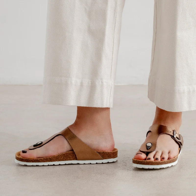 Women's Strappy Gladiator Sandals with Buckle Closures in Tan for a Boho LookMalaga Vegan Leather Cork Sandal - Metallic Copper