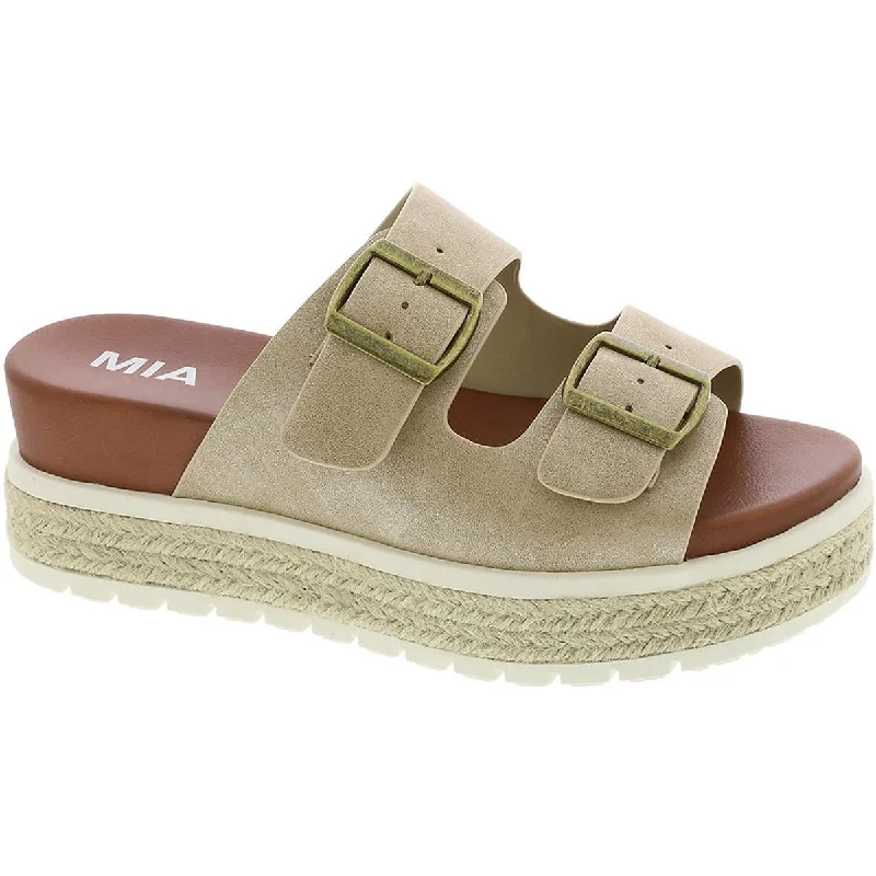Women's Flat Slide Sandals with a Memory Foam Insole in White for All - Day ComfortMia Womens Kely Faux Leather Buckle Platform Sandals