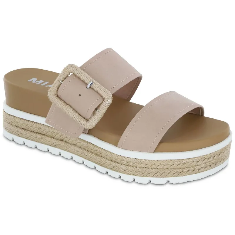 Women's Rhinestone - Embellished Open - Toe Sandals in Silver for a Glamorous Party LookMia Womens KENZY Faux Leather Slip On Slide Sandals