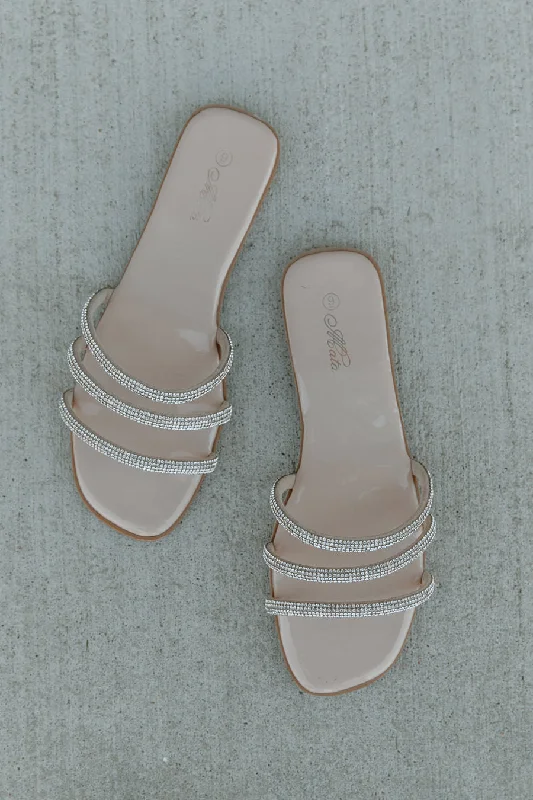 Adjustable Strap Women's Sandals with a Padded Heel in Pink for a Custom FitMODINA RHINESTONE SLIDES IN NUDE