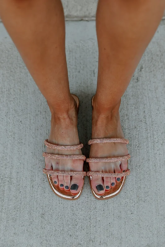 Women's Rhinestone - Embellished Open - Toe Sandals in Silver for a Glamorous Party LookMODINA RHINESTONE SLIDES IN ROSE GOLD