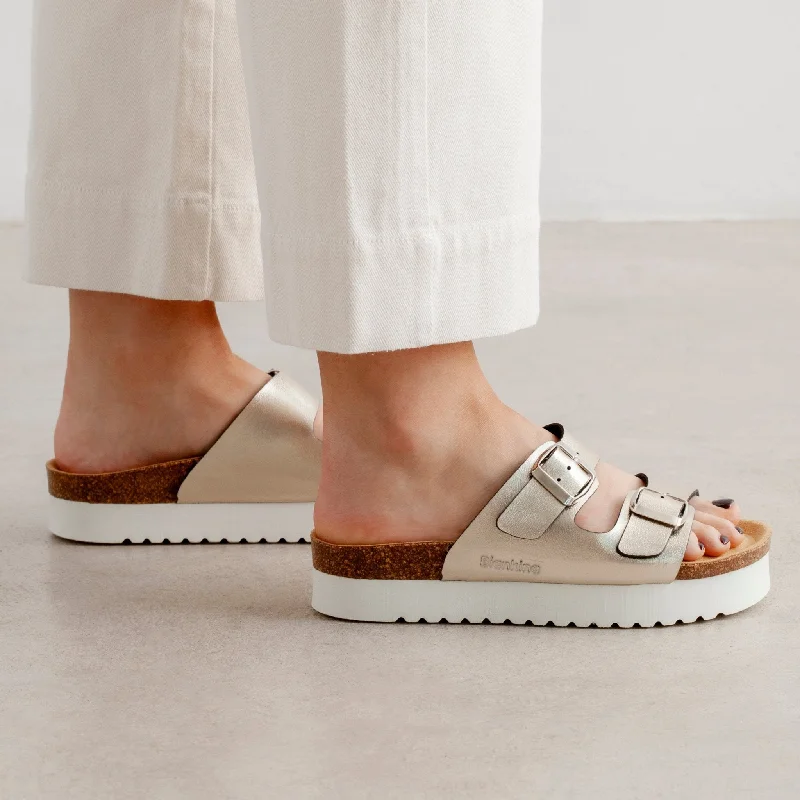 Women's Sandals with a Floral - Printed Upper in Pink for a Feminine Spring LookMuro Two-Strap Vegan Leather Platform Cork Sandal - Metallic Silver