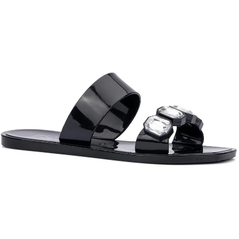Women's Flat Slide Sandals with a Memory Foam Insole in White for All - Day ComfortNew York & Company Womens Chantalle Vinyl Rhinestone Jelly Sandals