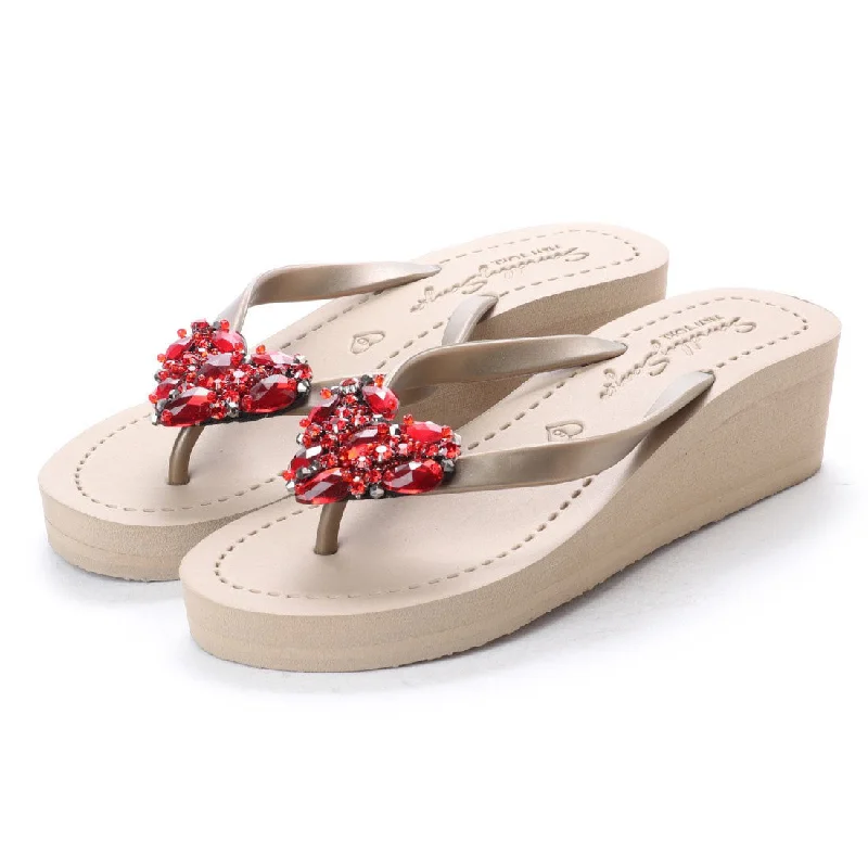 Women's Leather - Strapped Sandals with a Braided Detail in Brown for a Rustic AppealRed Heart - Rhinestone Mid Wedge Flip Flops