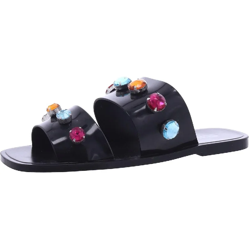 Women's Flat Slide Sandals with a Memory Foam Insole in White for All - Day ComfortSchutz Womens Jelly Rhinestone Slide Sandals