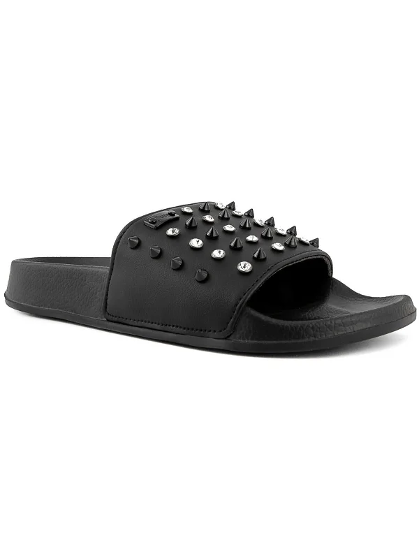 Women's Flat Slide Sandals with a Memory Foam Insole in White for All - Day ComfortSlone Womens Studded Open Toe Slide Sandals