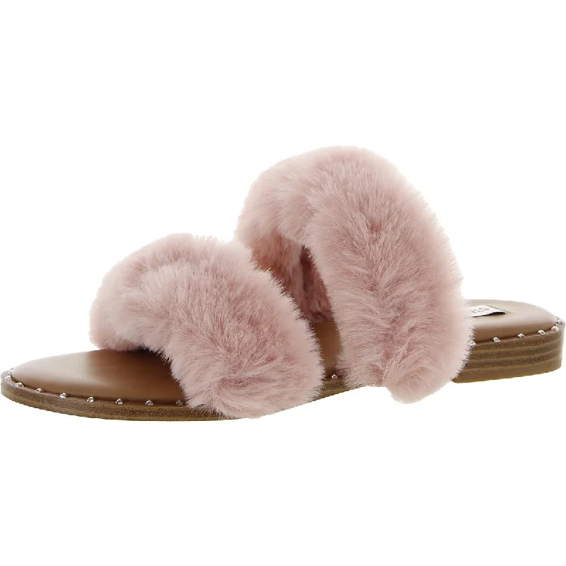 Sustainable Women's Recycled Material Sandals in Beige for Eco - Conscious ShoppersSteve Madden Womens Enite Faux Fur Slip On Slide Sandals