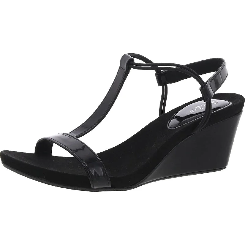 Plus Size Women's Wide - Width Platform Sandals in Black for Added Comfort and HeightStyle & Co. Womens Patent Ankle Strap Wedge Sandals