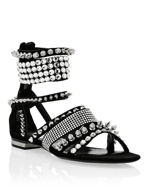 Plus Size Women's Wide - Width Platform Sandals in Black for Added Comfort and HeightSuede Sandals Flat Studs